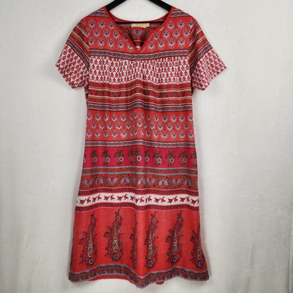 La Cera Cotton Shift Dress Womens Medium Red Paisley Floral Boho Lounge Casual